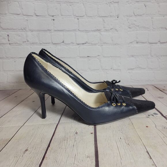 St. John Vero Cuoio Heels Pointed Toe Womens 8.5B Navy Laces Suede Bow Leather - Picture 3 of 8